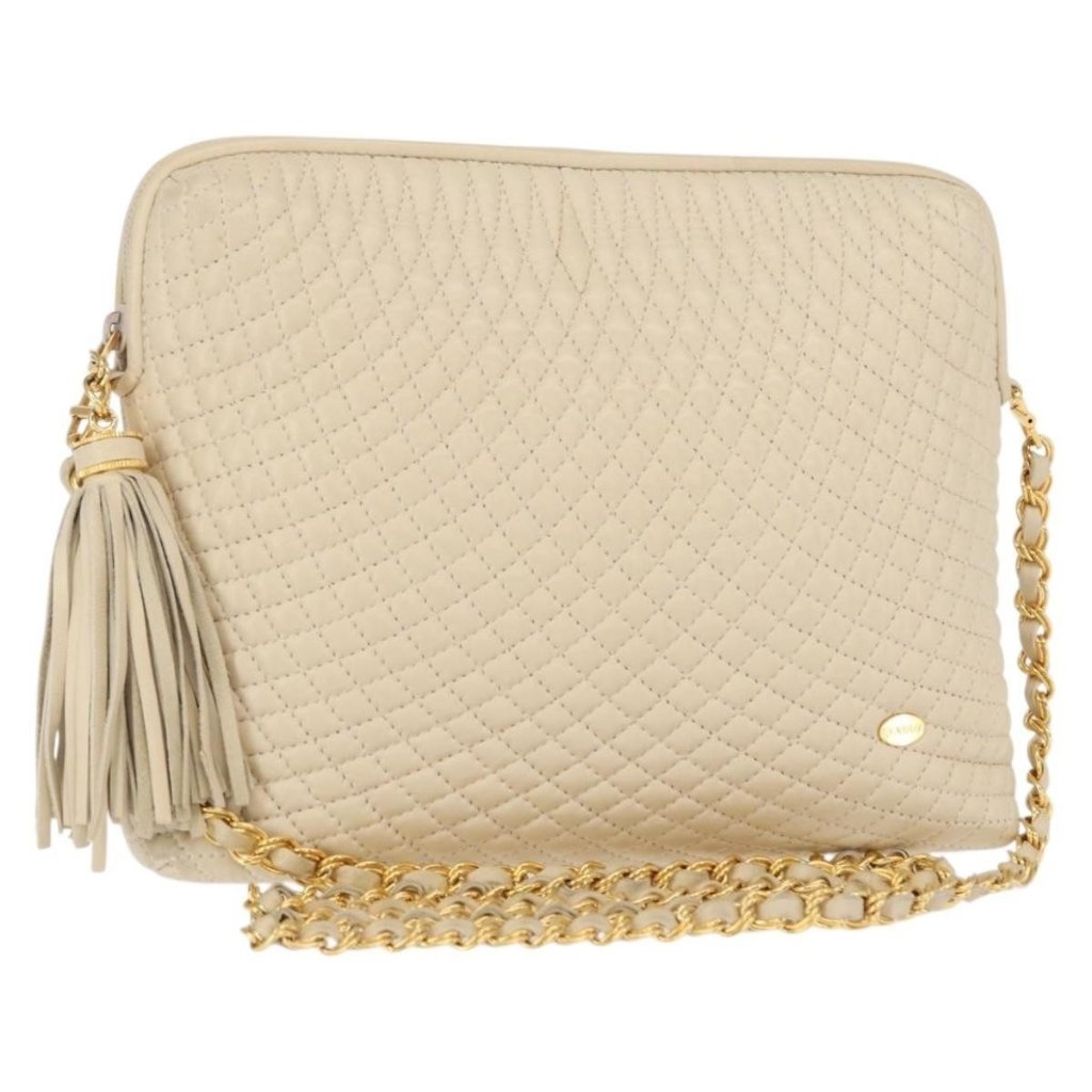 Authentic Bally Chain Shoulder Bag Leather Beige Gold